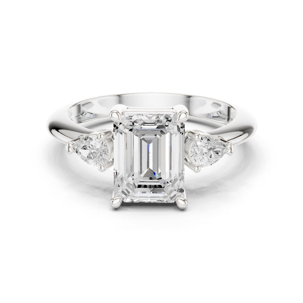 Emerald-Cut Moissanite Three-Stone Ring with Pear Side Stones – 925 Sterling Silver, 18K Gold Vermeil