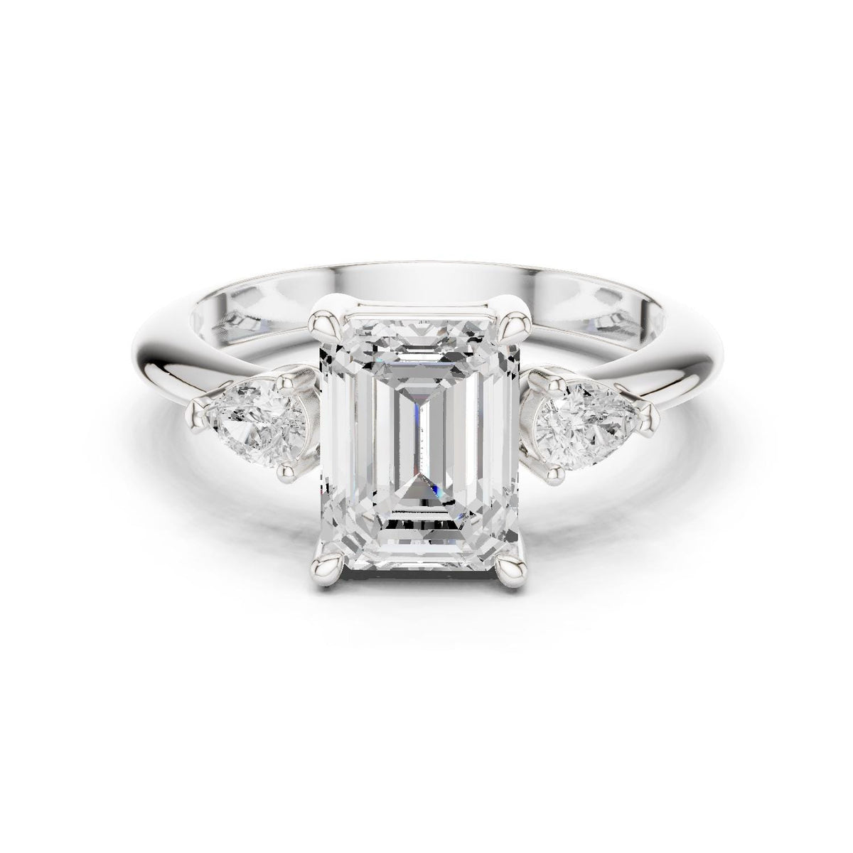 Emerald-Cut Moissanite Three-Stone Ring with Pear Side Stones – 925 Sterling Silver, 18K Gold Vermeil