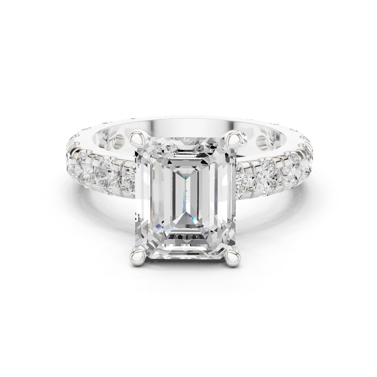 Emerald-Cut Moissanite Ring with Pavé Band – 925 Sterling Silver, 18K Gold Vermeil