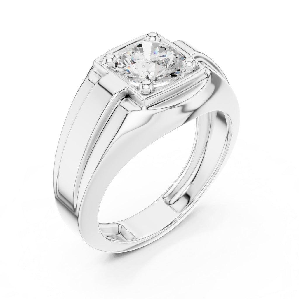 Men's Round Moissanite Signet Ring with Stepped Shoulders – 925 Sterling Silver, 18K Gold Vermeil