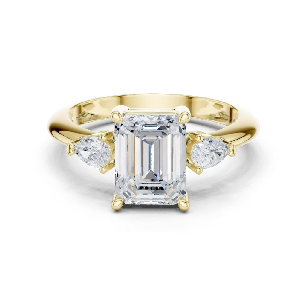 Emerald-Cut Moissanite Three-Stone Ring with Pear Side Stones – 925 Sterling Silver, 18K Gold Vermeil
