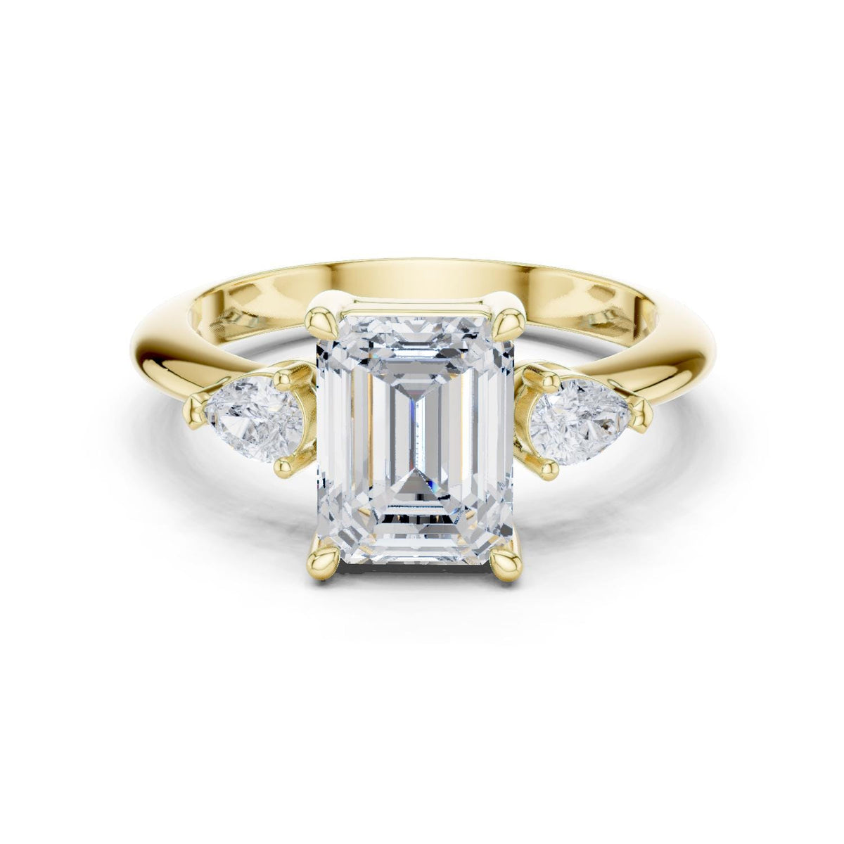 Emerald-Cut Moissanite Three-Stone Ring with Pear Side Stones – 925 Sterling Silver, 18K Gold Vermeil