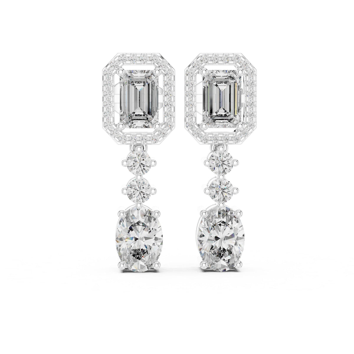 Emerald-Cut & Oval Moissanite Halo Drop Earrings – 925 Sterling Silver, 18K Gold Vermeil