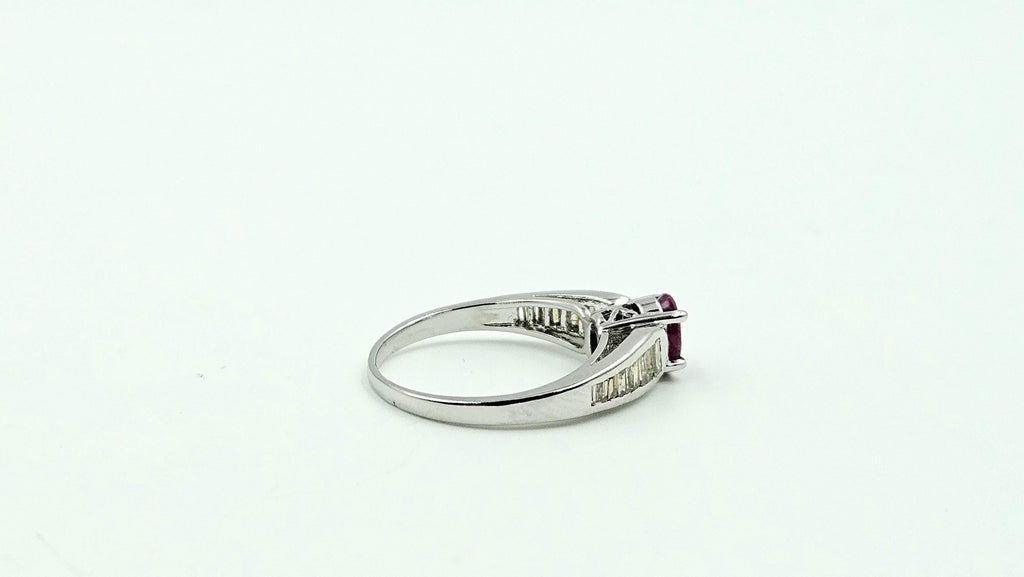 Oval Ruby & Baguette Diamond Ring – 925 Sterling Silver, 18K White Gold Vermeil