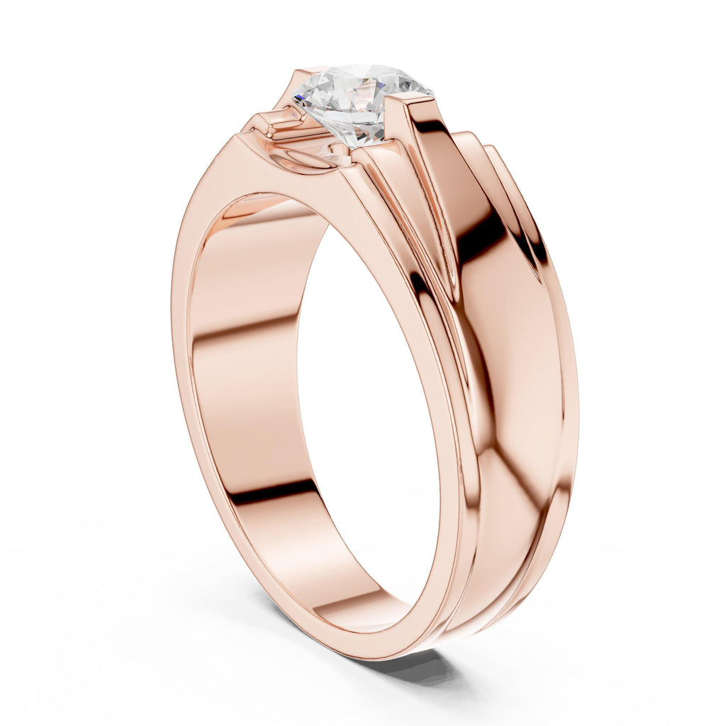Men's Round Moissanite Ring, Stepped Square Setting – 925 Sterling Silver, 18K Gold Vermeil