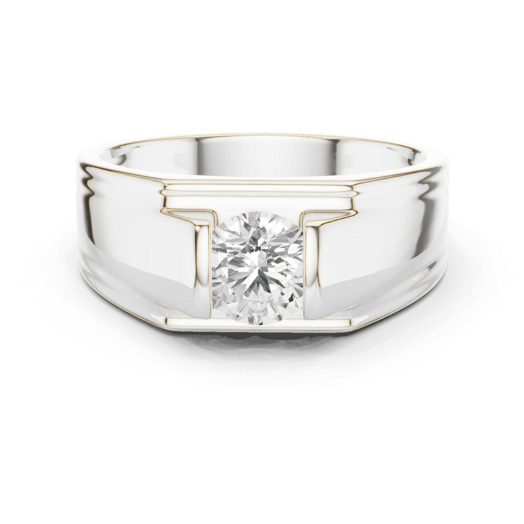Men's Round Moissanite Ring, T-Setting with Ridged Band – 925 Sterling Silver, 18K Gold Vermeil