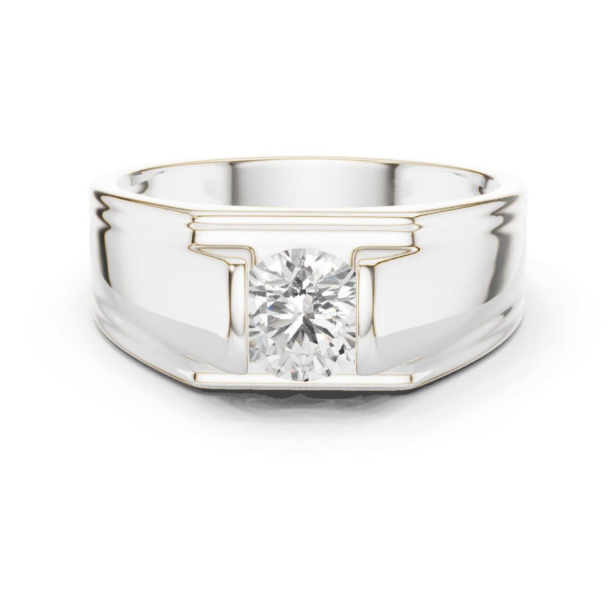 Men's Round Moissanite Ring, T-Setting with Ridged Band – 925 Sterling Silver, 18K Gold Vermeil