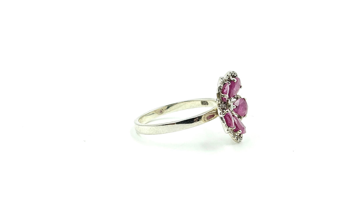 Five-Petal Pear Ruby Flower Ring – 925 Sterling Silver, 18K White Gold Vermeil