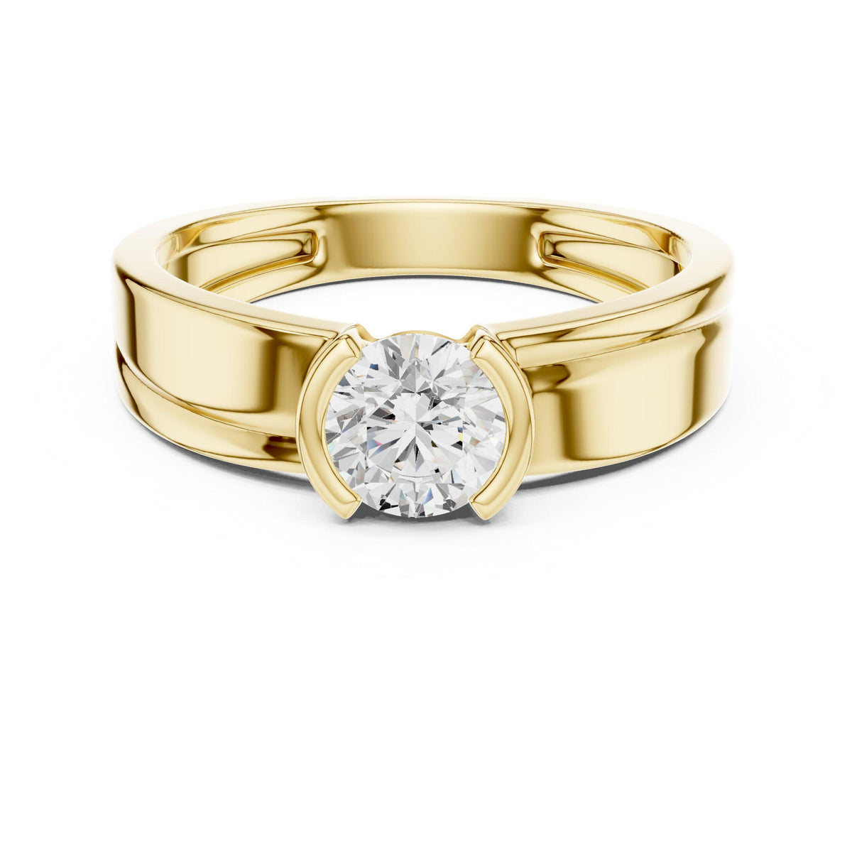 Men's Round Moissanite Solitaire Ring, Split Double Band – 925 Sterling Silver, 18K Gold Vermeil
