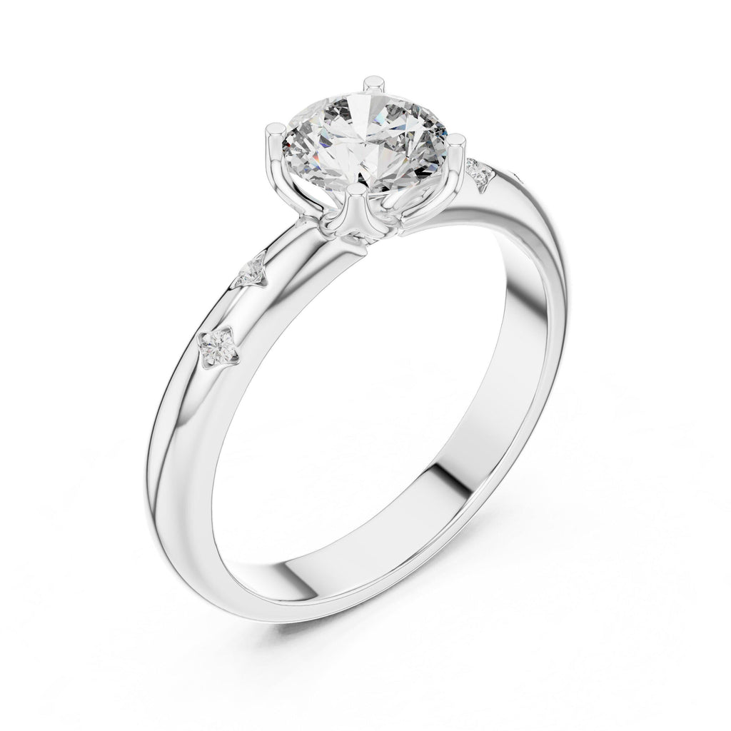 Round Moissanite Solitaire Ring with Side Accents, 6mm – 925 Sterling Silver, 18K Gold Vermeil