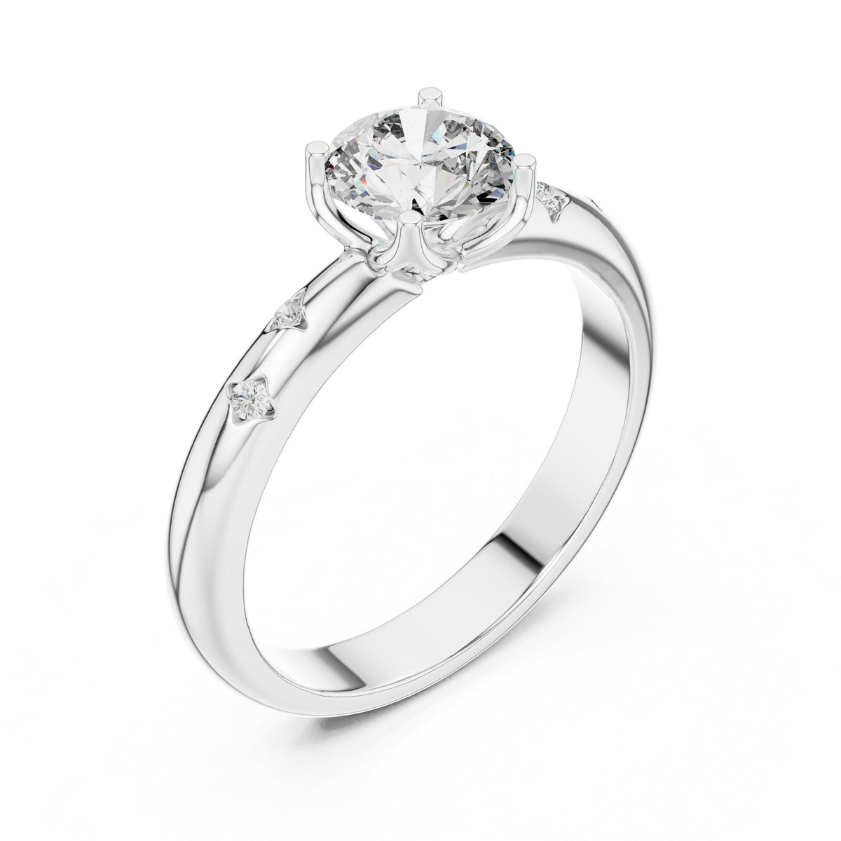 Round Moissanite Solitaire Ring with Side Accents, 6mm – 925 Sterling Silver, 18K Gold Vermeil