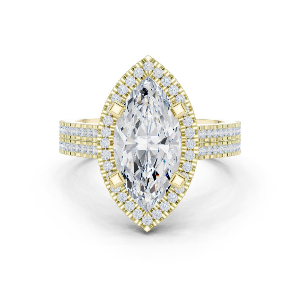 Marquise Moissanite Halo Ring with Triple-Row Pavé Band – 925 Sterling Silver, 18K Gold Vermeil