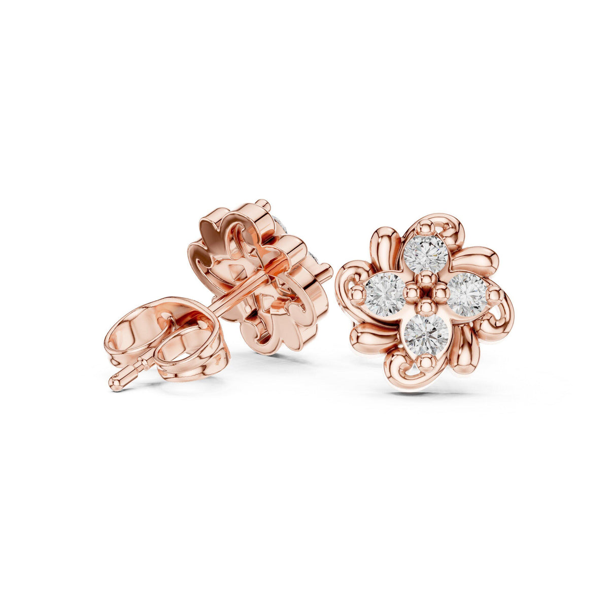 Moissanite Scroll Flower Stud Earrings – 925 Sterling Silver, 18K Gold Vermeil