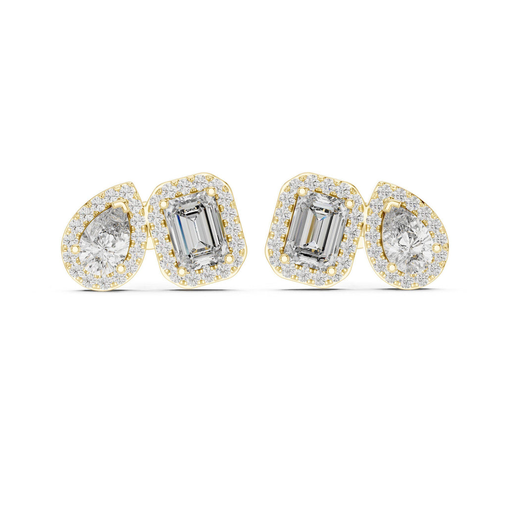 Pear & Emerald-Cut Moissanite Halo Toi et Moi Stud Earrings – 925 Sterling Silver, 18K Gold Vermeil