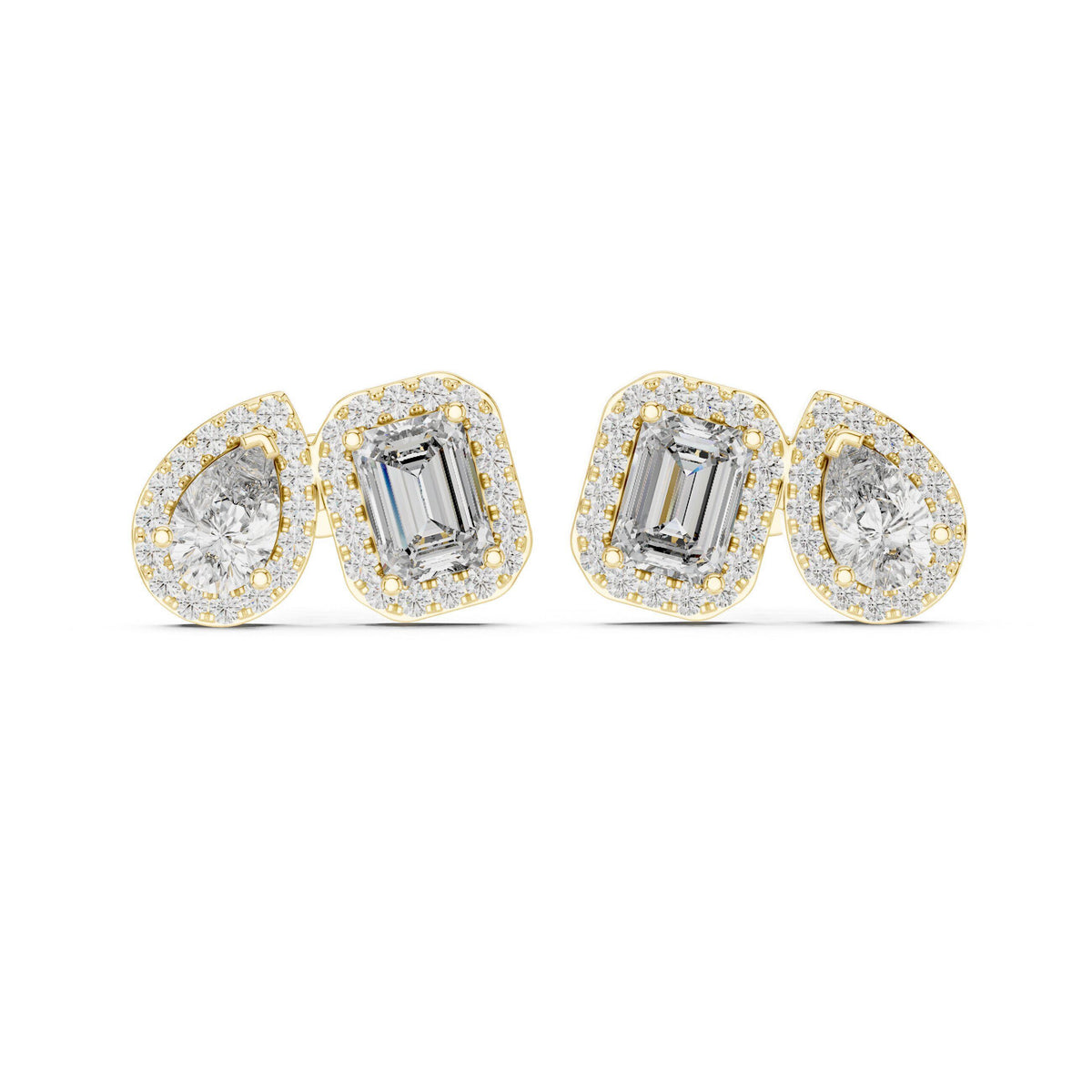 Pear & Emerald-Cut Moissanite Halo Toi et Moi Stud Earrings – 925 Sterling Silver, 18K Gold Vermeil