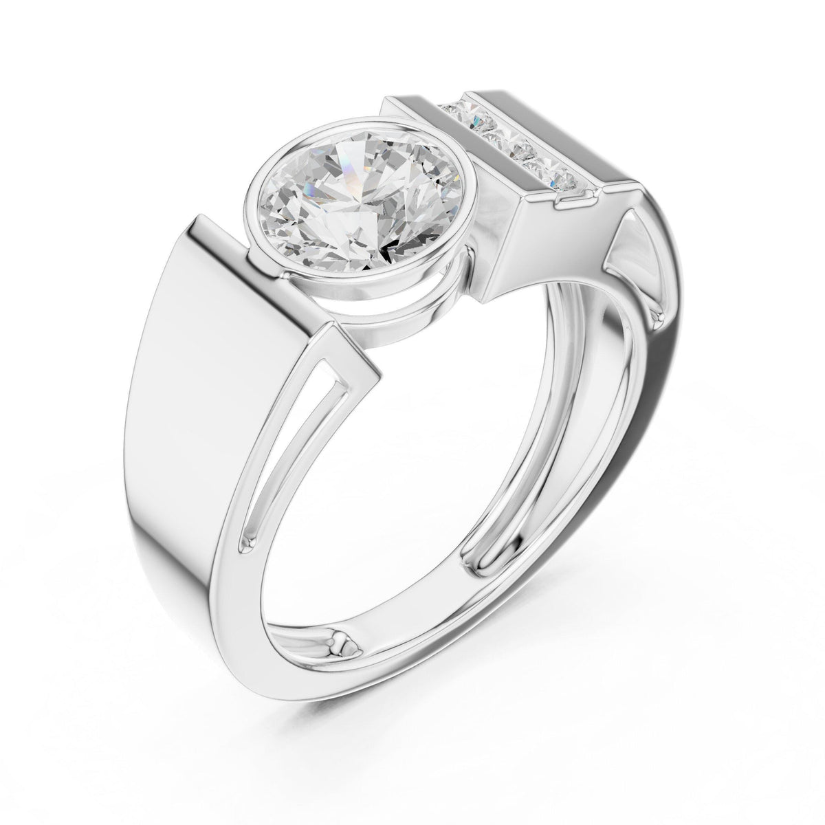 Men's Round Moissanite Ring with Pavé Side Panel – 925 Sterling Silver, 18K Gold Vermeil