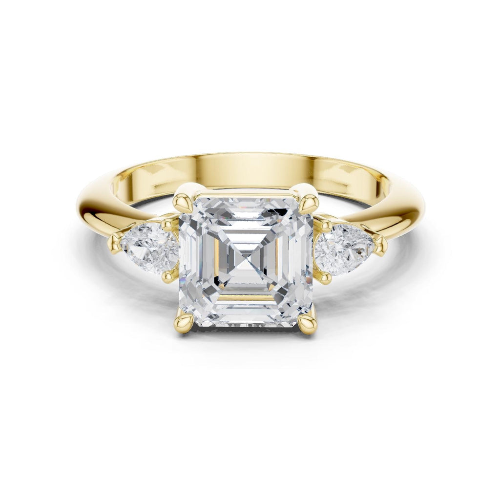 Asscher-Cut Moissanite Three-Stone Ring with Pear Side Stones – 925 Sterling Silver, 18K Gold Vermeil