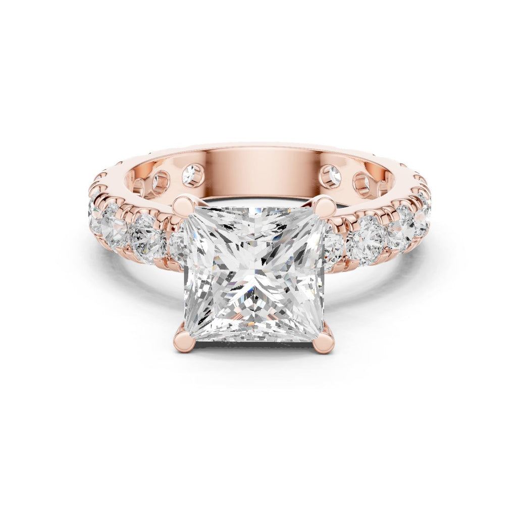 Princess-Cut Moissanite Ring with Pavé Band – 925 Sterling Silver, 18K Gold Vermeil