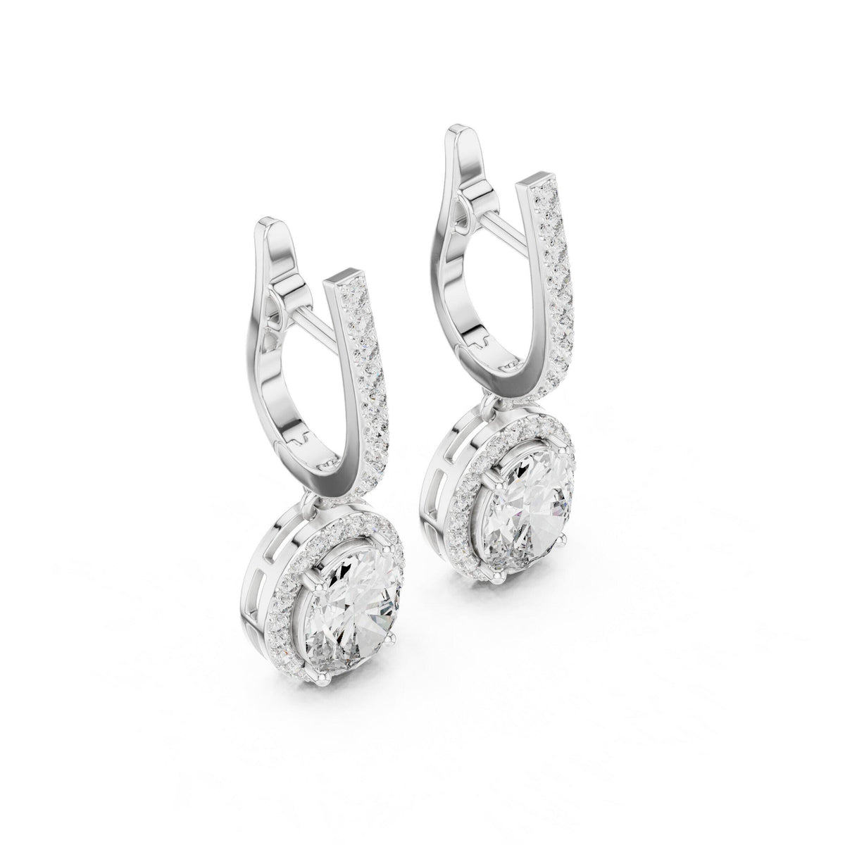 Oval Moissanite Halo Lever Drop Earrings – 925 Sterling Silver, 18K Gold Vermeil