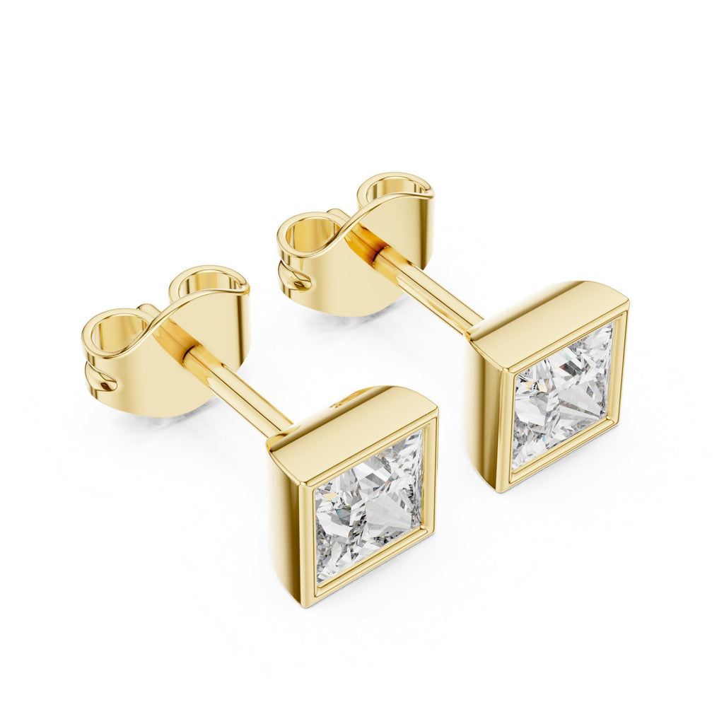 Princess Moissanite Bezel Stud Earrings – 925 Sterling Silver, 18K Gold Vermeil