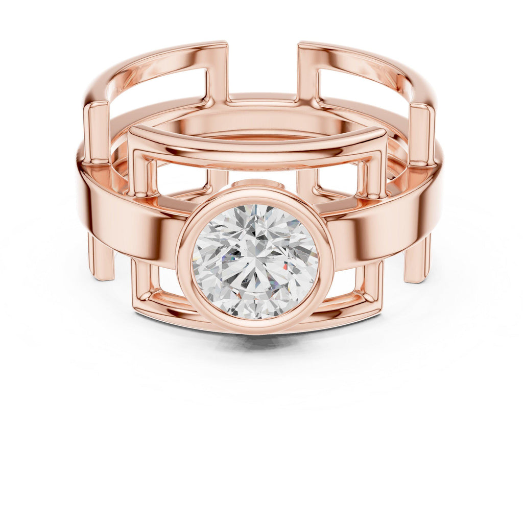 Men's Geometric Lattice Ring with Round Moissanite – 925 Sterling Silver, 18K Gold Vermeil