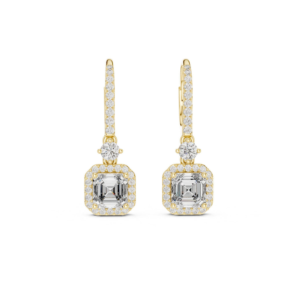 Asscher-Cut Moissanite Halo Drop Earrings – 925 Sterling Silver, 18K Gold Vermeil