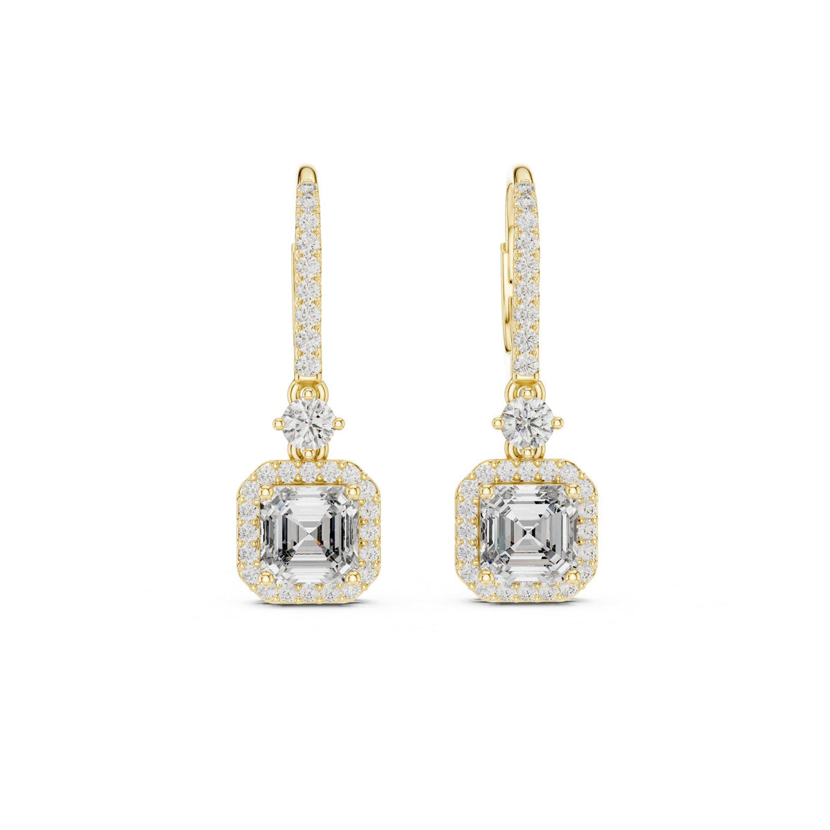 Asscher-Cut Moissanite Halo Drop Earrings – 925 Sterling Silver, 18K Gold Vermeil