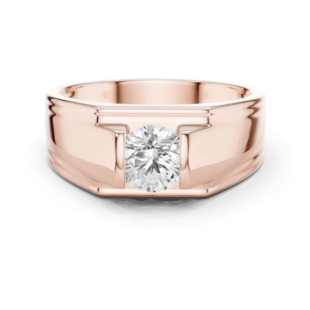 Men's Round Moissanite Ring, T-Setting with Ridged Band – 925 Sterling Silver, 18K Gold Vermeil