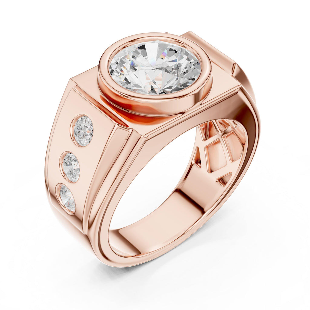 Men's Round Bezel-Set Moissanite Signet Ring with Side Stones – 925 Sterling Silver, 18K Gold Vermeil