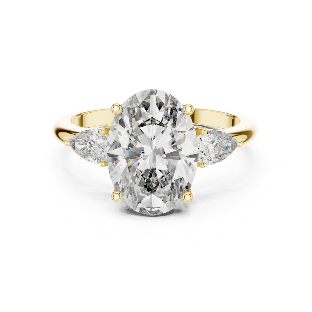 Oval Moissanite Three-Stone Ring with Pear Side Stones – 925 Sterling Silver, 18K Gold Vermeil