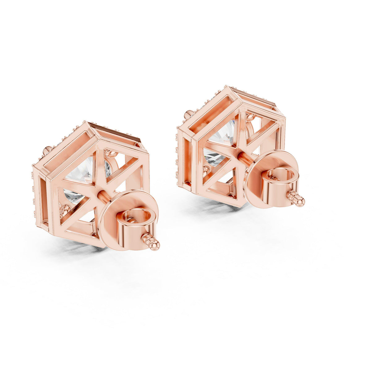 Hexagon Halo Round Moissanite Stud Earrings – 925 Sterling Silver, 18K Gold Vermeil