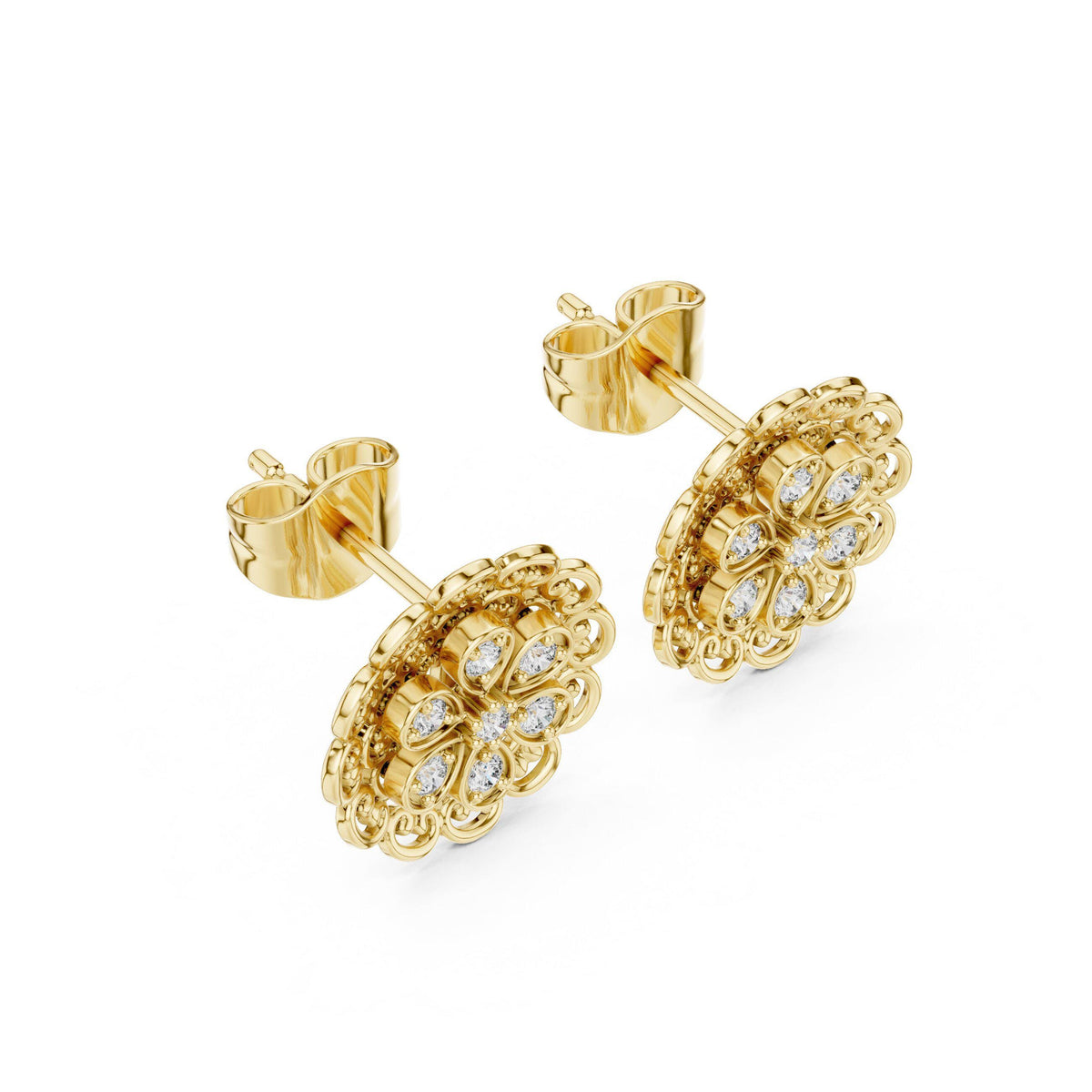Moissanite Filigree Medallion Stud Earrings – 925 Sterling Silver, 18K Gold Vermeil