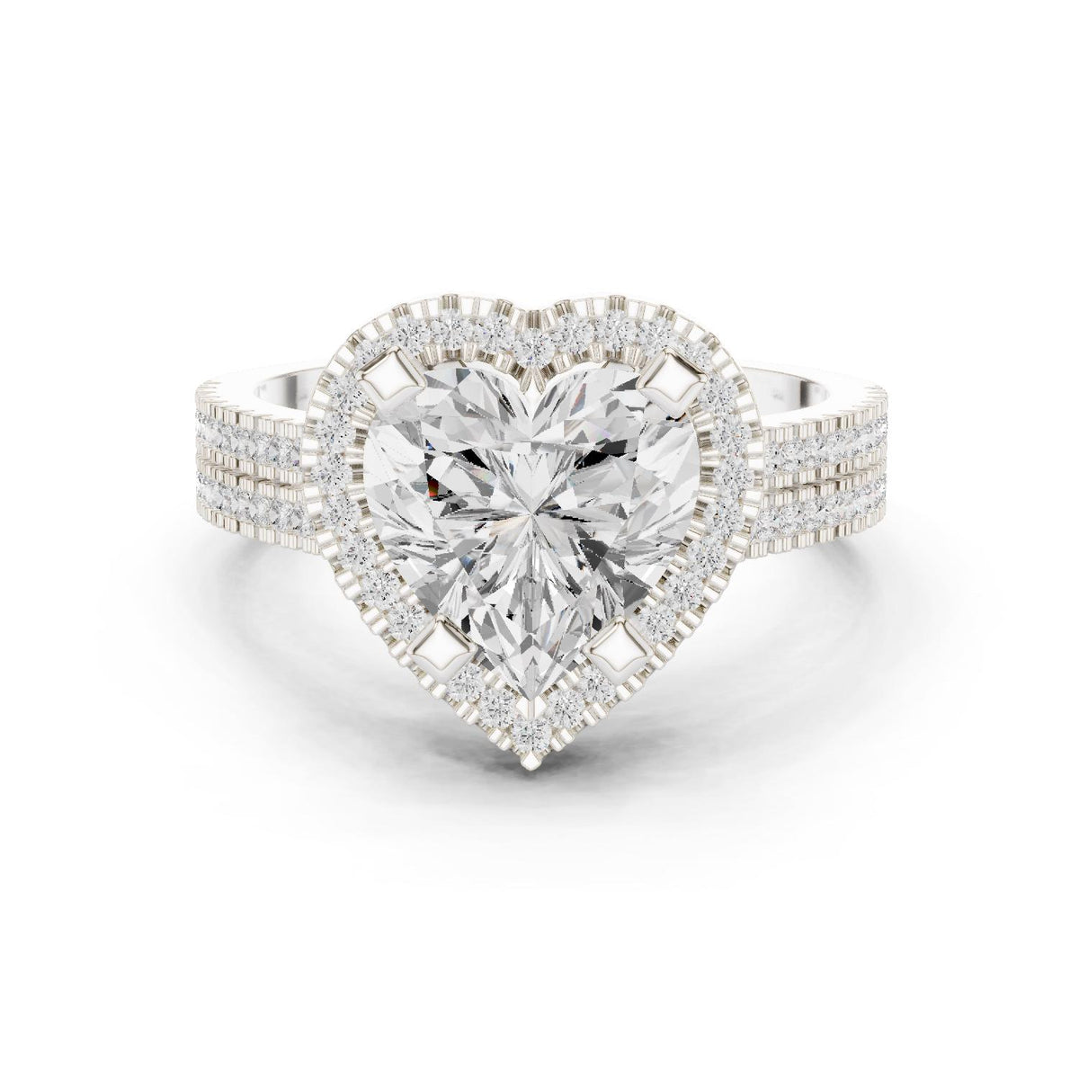 Heart-Shaped Moissanite Halo Ring with Triple-Row Pavé Band – 925 Sterling Silver, 18K Gold Vermeil