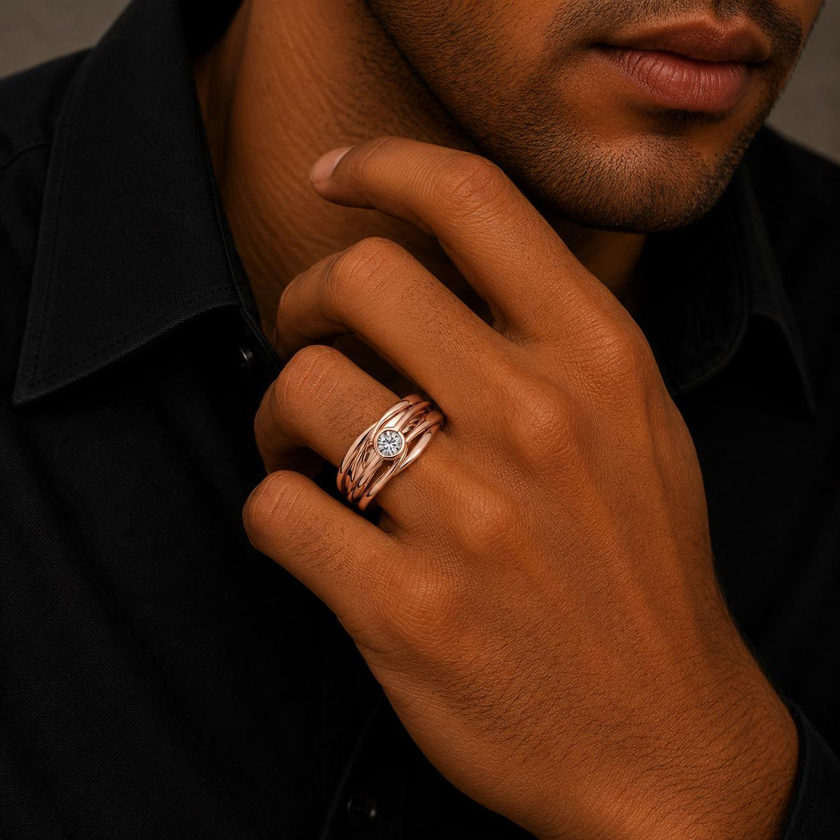 Men's Layered Wave-Band Moissanite Ring – 925 Sterling Silver, 18K Gold Vermeil