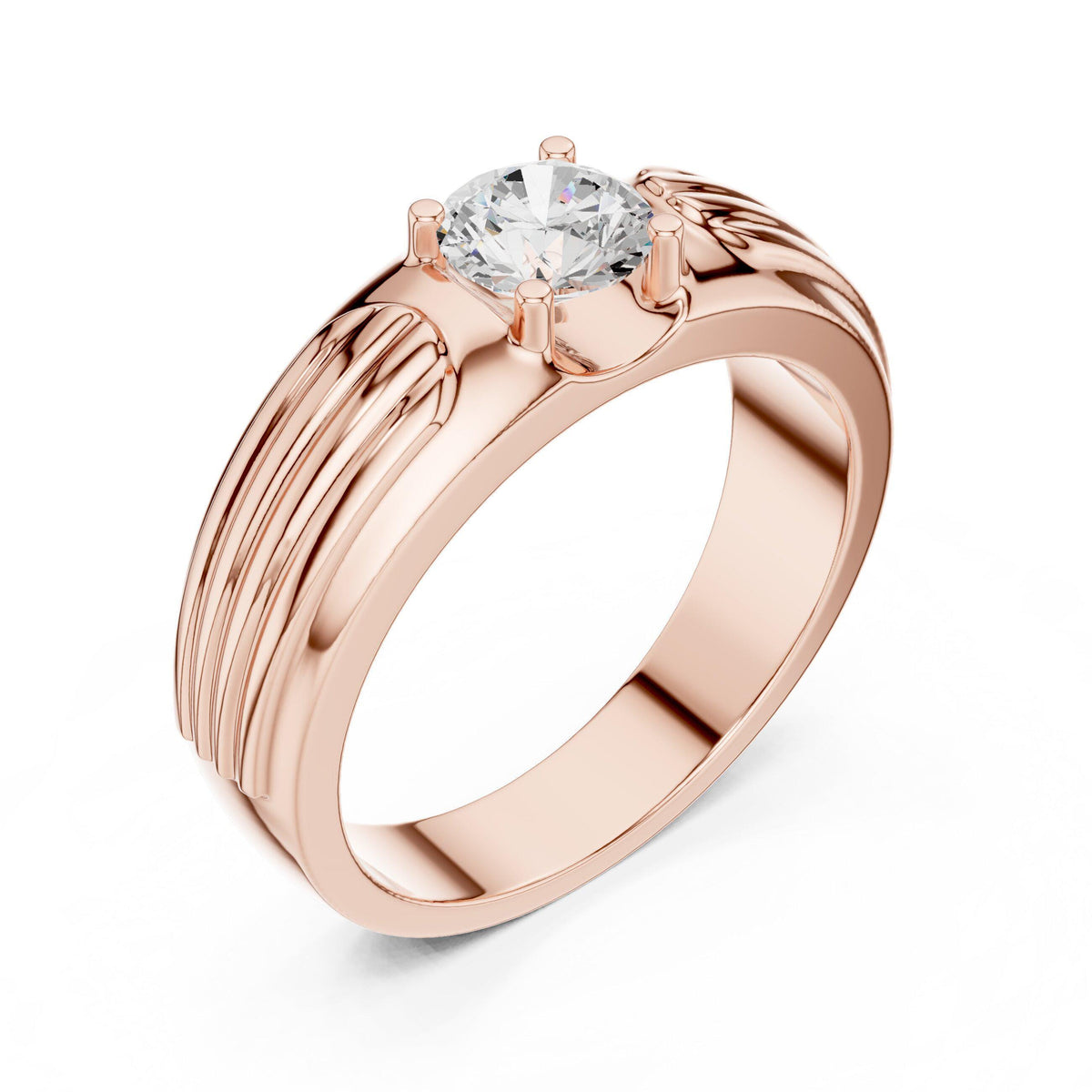 Men's Round Moissanite Solitaire Ring, Grooved Shoulders – 925 Sterling Silver, 18K Gold Vermeil