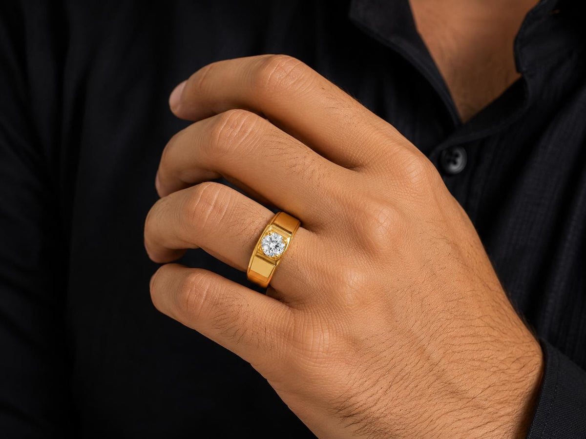 Men's 6mm Round Moissanite Wide-Band Ring – 925 Sterling Silver, 18K Gold Vermeil