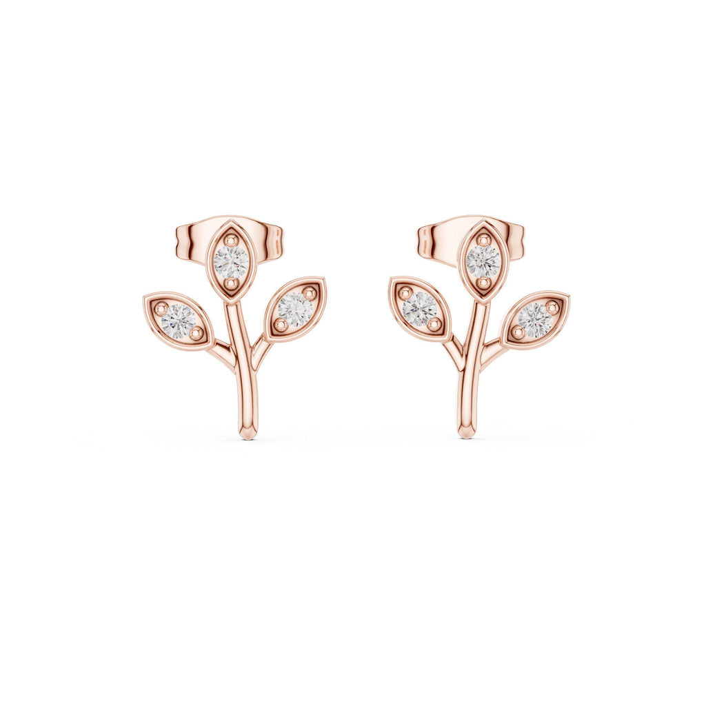 Moissanite Leaf Sprig Stud Earrings – 925 Sterling Silver, 18K Gold Vermeil