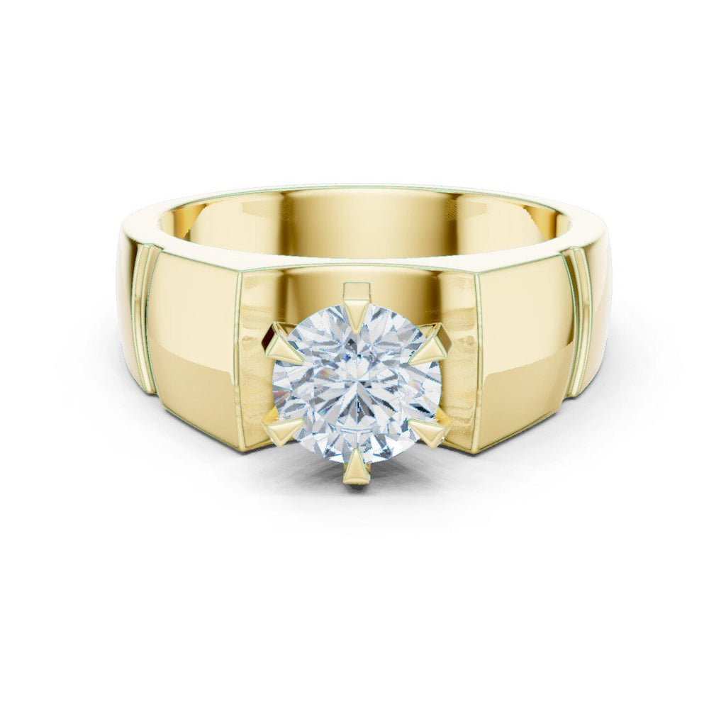 Men's Round Moissanite Ring, Angular Stepped Band – 925 Sterling Silver, 18K Gold Vermeil
