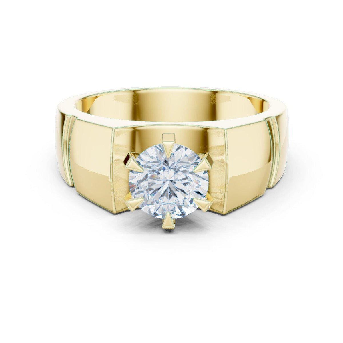 Men's Round Moissanite Ring, Angular Stepped Band – 925 Sterling Silver, 18K Gold Vermeil