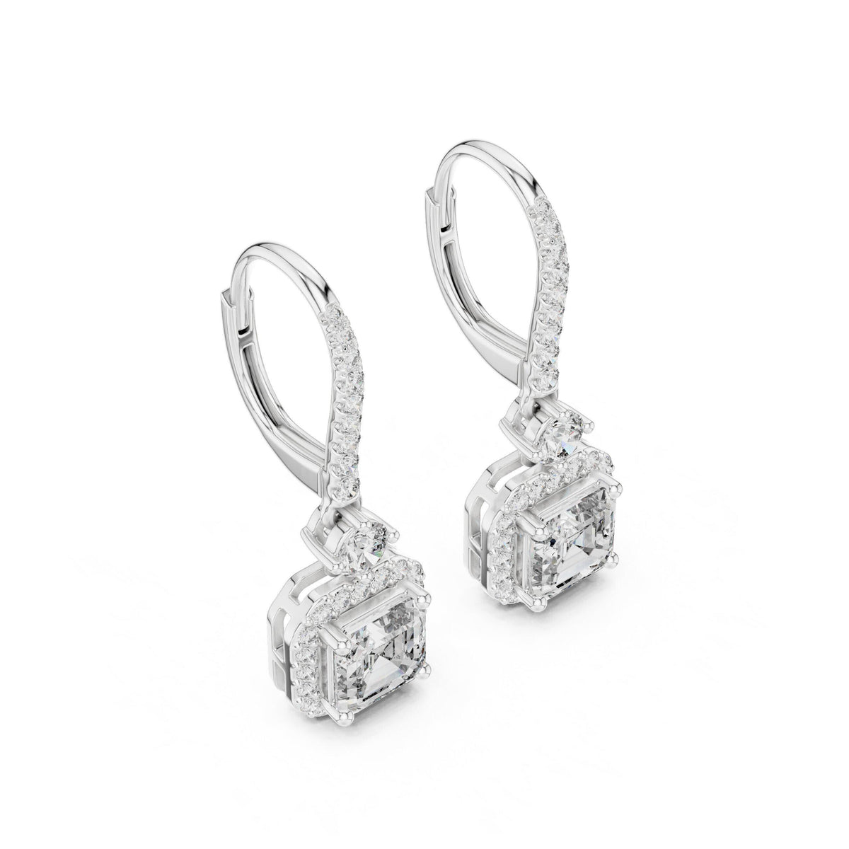 Asscher-Cut Moissanite Halo Drop Earrings – 925 Sterling Silver, 18K Gold Vermeil