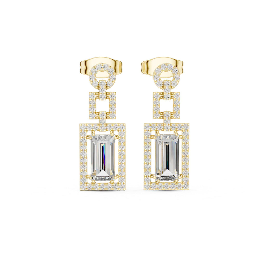 Emerald-Cut Moissanite Geometric Halo Drop Earrings – 925 Sterling Silver, 18K Gold Vermeil