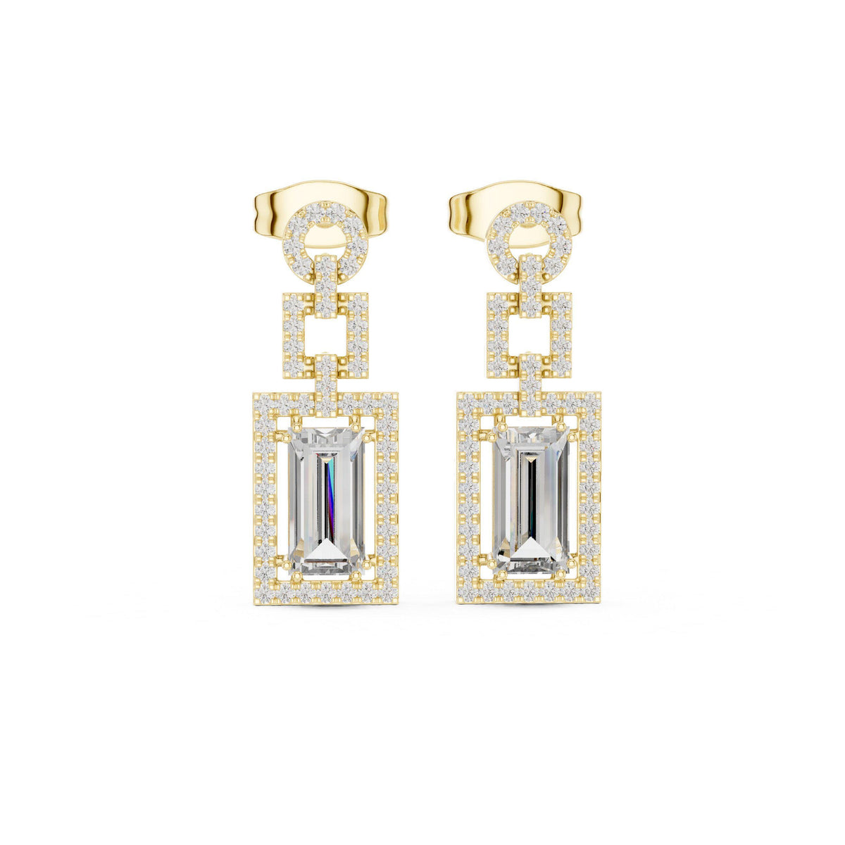 Emerald-Cut Moissanite Geometric Halo Drop Earrings – 925 Sterling Silver, 18K Gold Vermeil