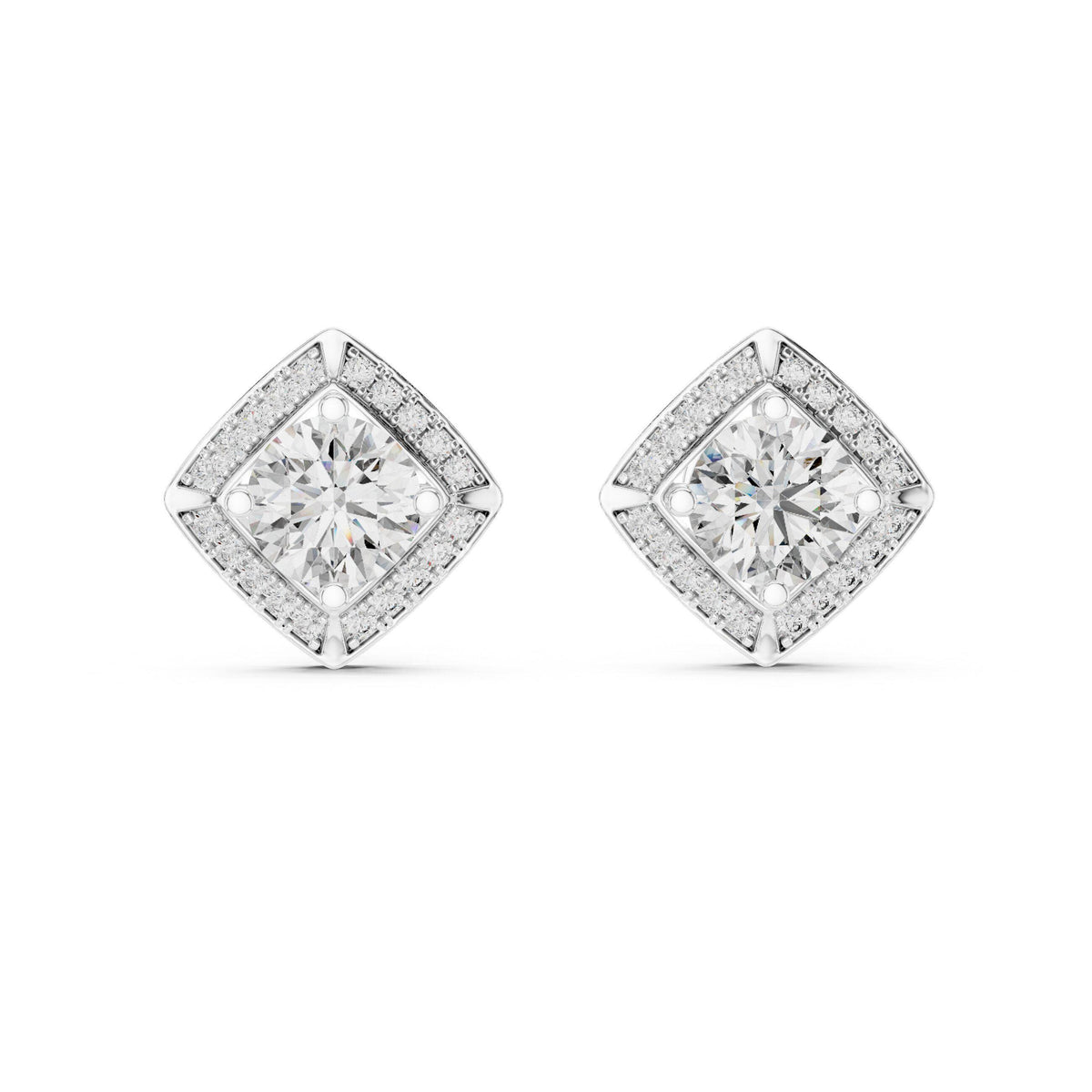 Square Halo Round Moissanite Stud Earrings – 925 Sterling Silver, 18K Gold Vermeil