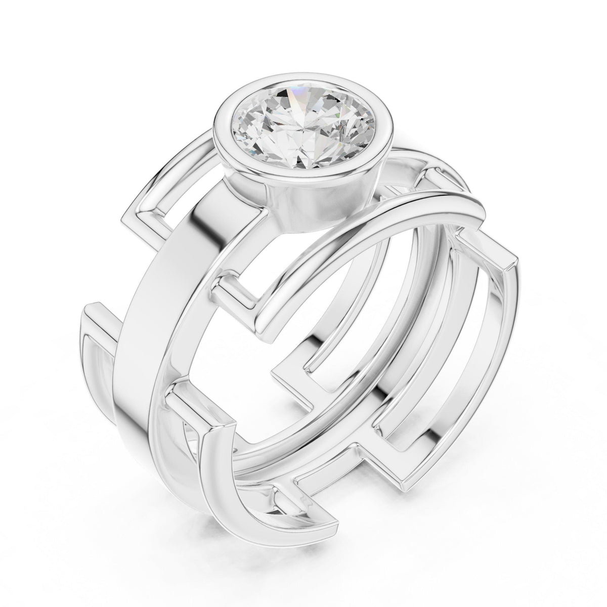 Men's Geometric Lattice Ring with Round Moissanite – 925 Sterling Silver, 18K Gold Vermeil