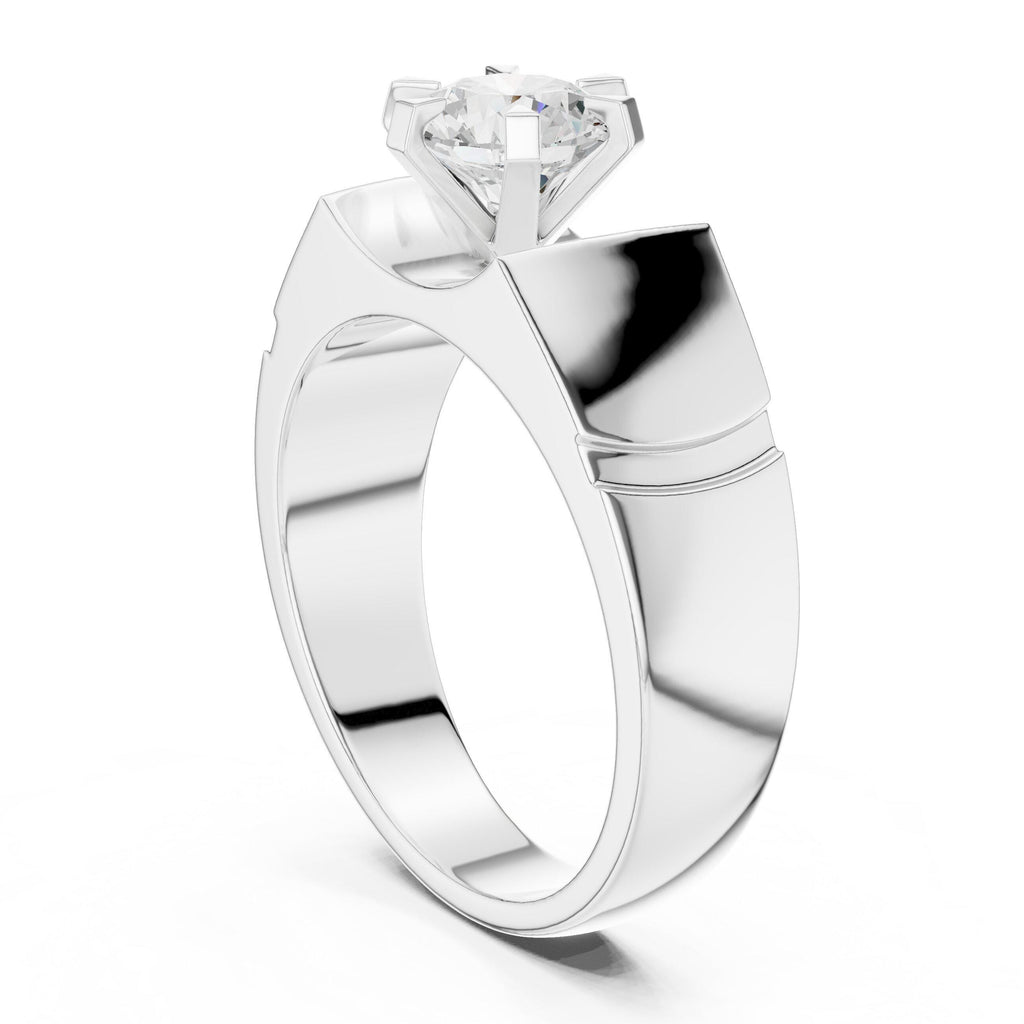 Men's Round Moissanite Ring, Angular Stepped Band – 925 Sterling Silver, 18K Gold Vermeil