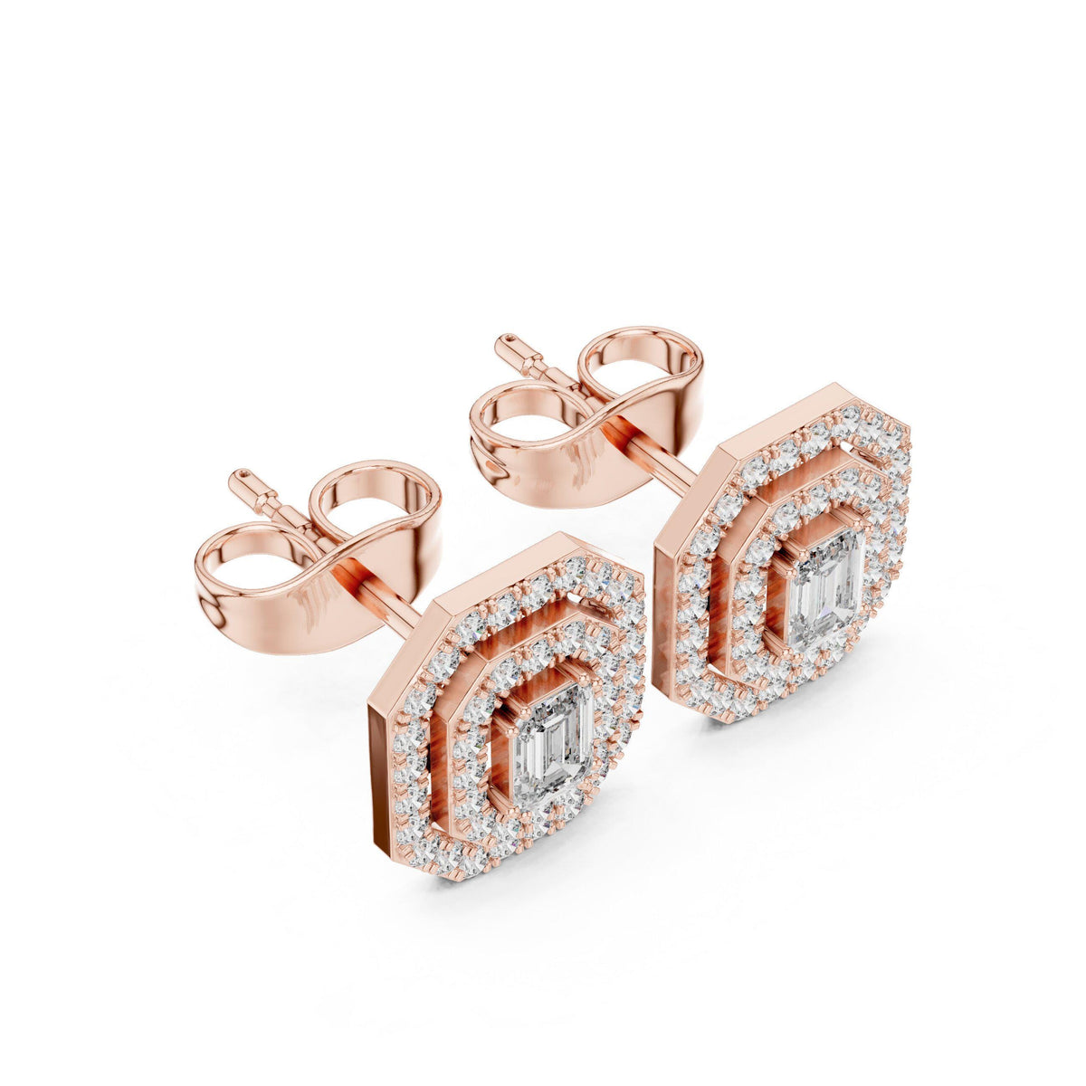 Emerald-Cut Moissanite Octagon Double-Halo Stud Earrings – 925 Sterling Silver, 18K Gold Vermeil