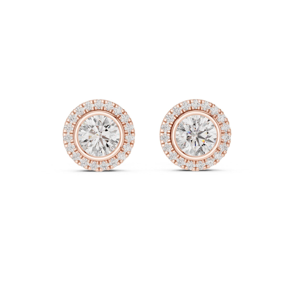 Round Moissanite Bezel Halo Stud Earrings – 925 Sterling Silver, 18K Gold Vermeil