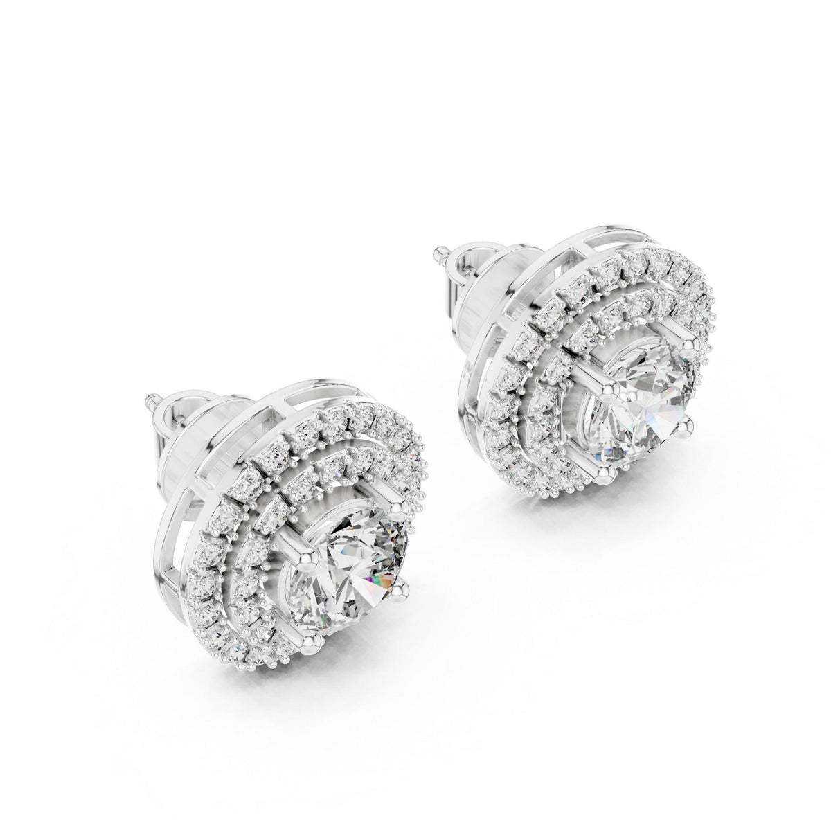 7mm Round Moissanite Double-Halo Stud Earrings – 925 Sterling Silver, 18K Gold Vermeil