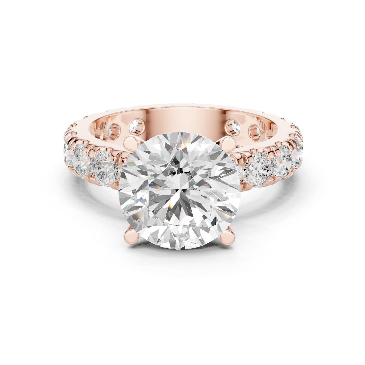 Round Moissanite Ring with Pavé Band – 925 Sterling Silver, 18K Gold Vermeil