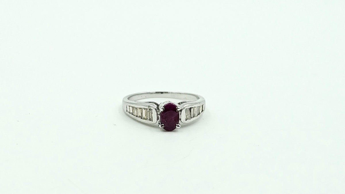 Oval Ruby & Baguette Diamond Ring – 925 Sterling Silver, 18K White Gold Vermeil